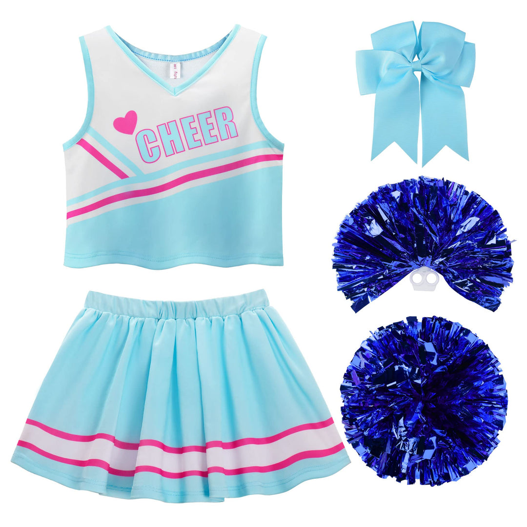 ReliBeauty Cheerleader Kostüm Kinder Kleid mit Pompoms und Kopfschmuck, 104 (Etikett 100)