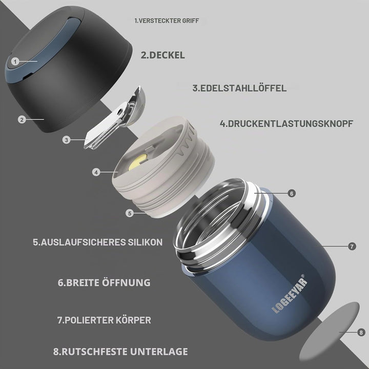 Itslife Thermobehälter für Essen 500ml Thermobehälter Edelstahl Warmhaltebehälter mit faltbaren Löff