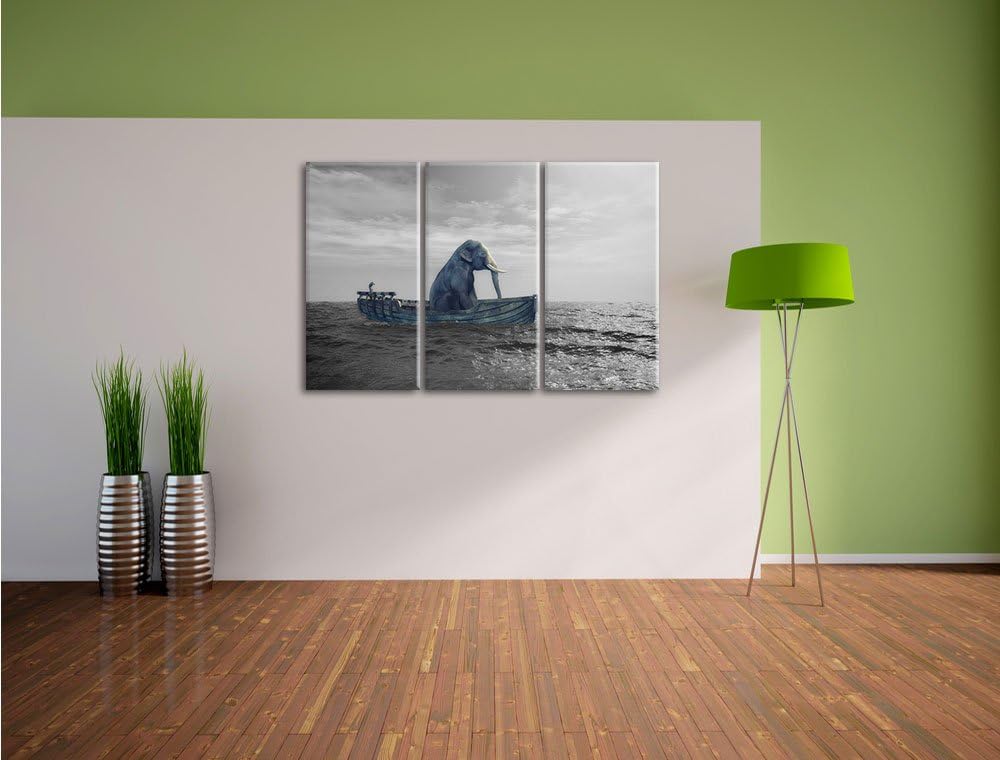 Pixxprint lustig sitzender Elefant im Boot als Leinwandbild/Grösse: 3 Teilig (120x80) cm/Wandbild/Ku