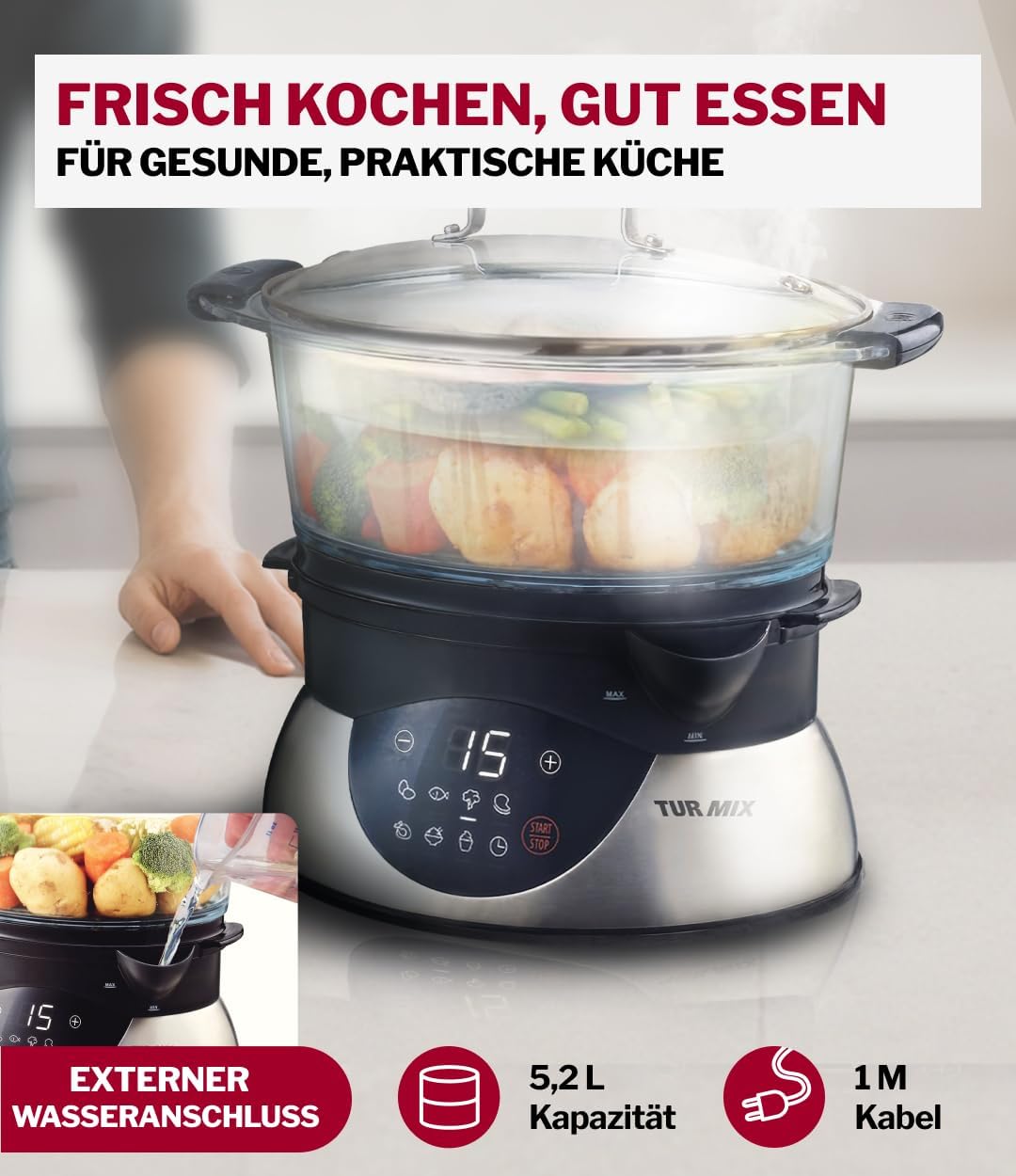 Turmix Steamer CX 220 – Dampfgarer topf 5,2 L mit Glasbehältern & Digitaldisplay, Touch-Bedienung, W