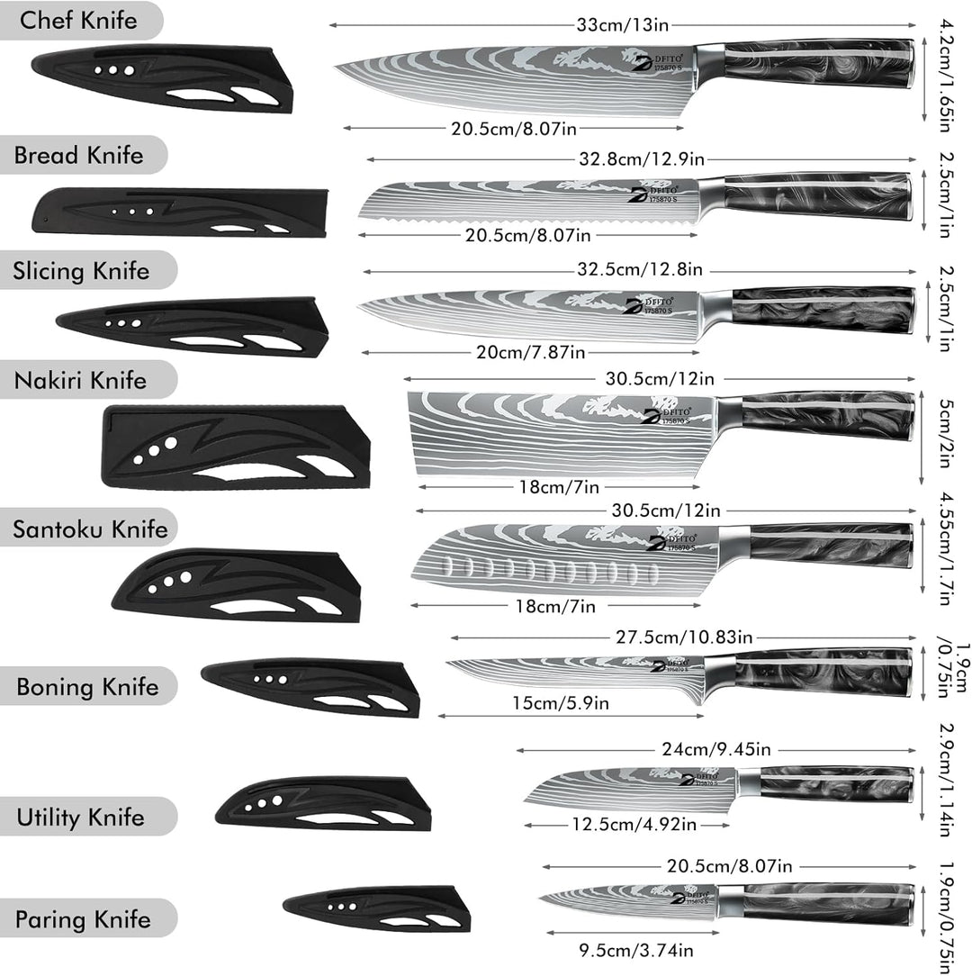 Dfito Messerset mit Nylon Rolltasche, 9-tlg Scharfe Professionelles Küchenmesser Set aus High Carbon