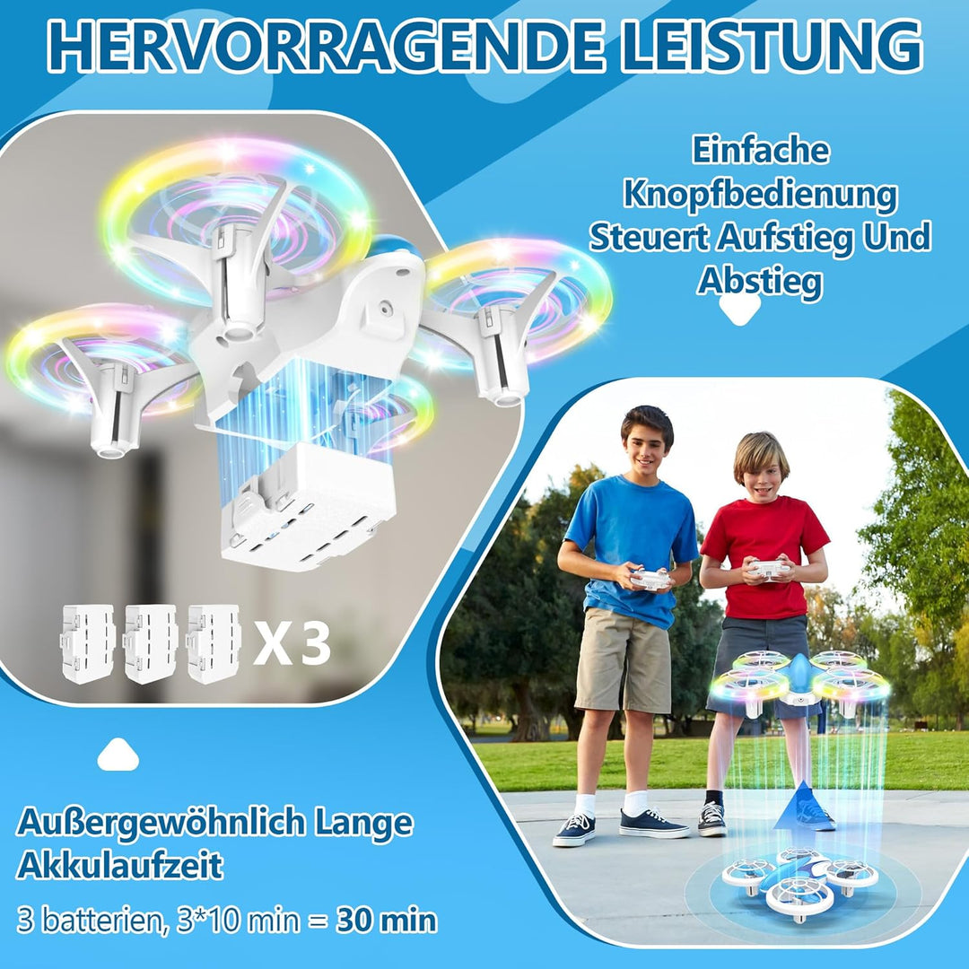 Mini Drohne für Kinder Spielzeug ab 6+ Jahre, Mini Drone Set mit 7 LED Lichteffekte, 3 Akkus, Indoor