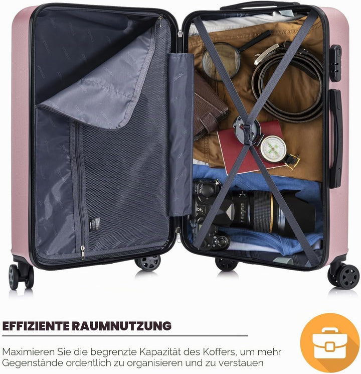 Koffer Suitcase XL Roségold, Trolley Reisekoffer, Rollkoffer Handgepäck mit 4 Rollen 360°, Hartschal