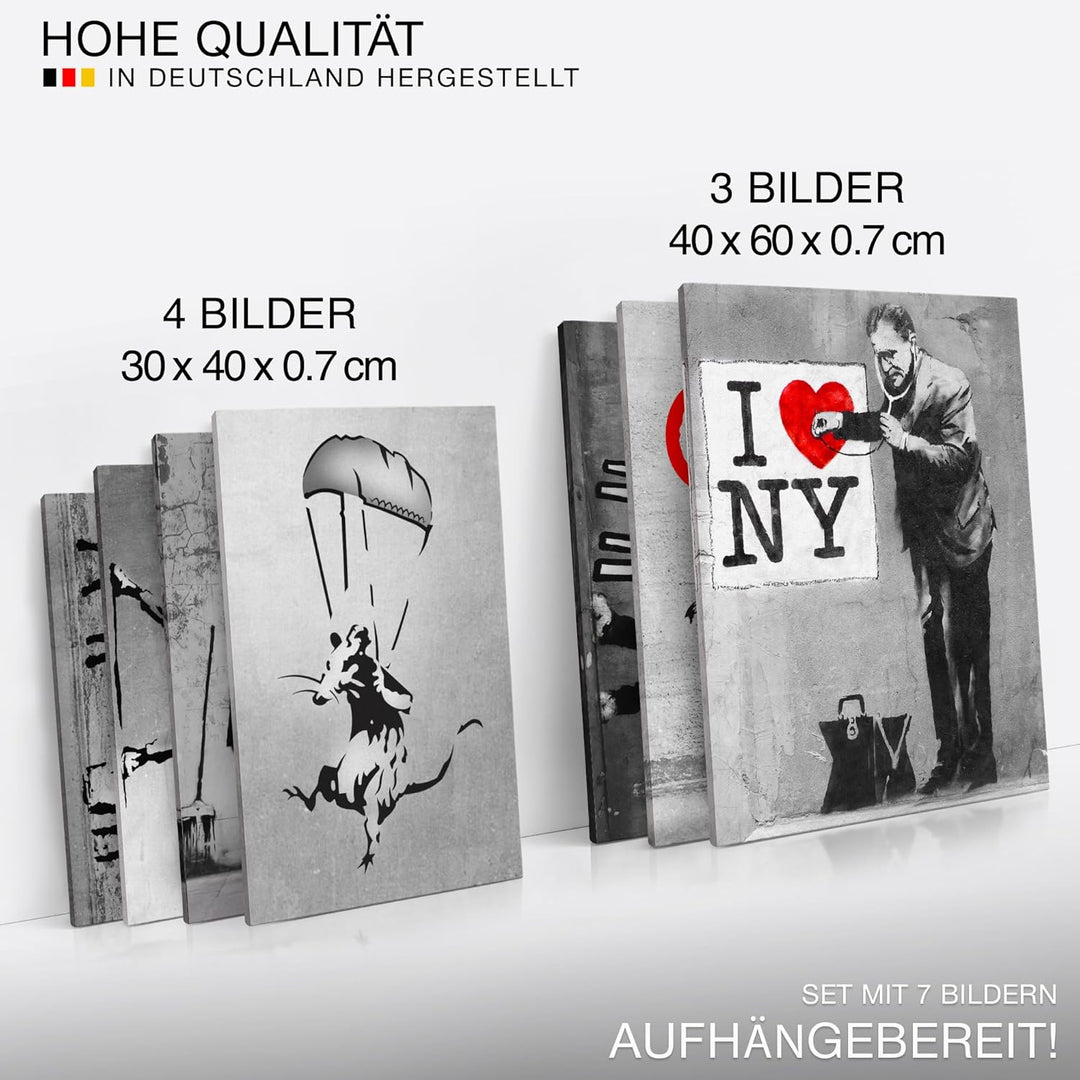 Novart Wandbilder Banksy Collage - KOMPLETT AUFHÄNGFERTIG - Street Art Wohnzimmer Büro Loft - 7 Mode
