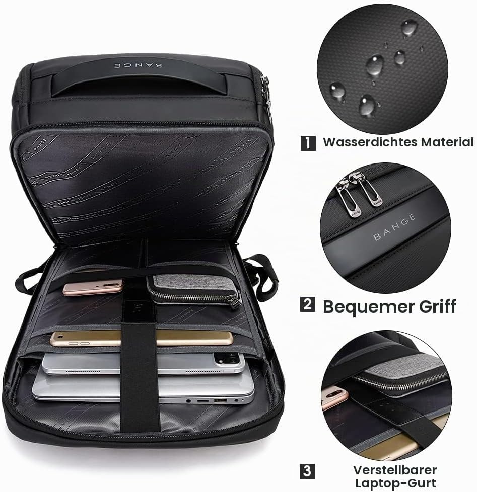 BANGE Business-Smart-Rucksack, wasserdicht, 39,6 cm (15,6 Zoll), Laptop-Rucksack mit USB-Ladeanschlu