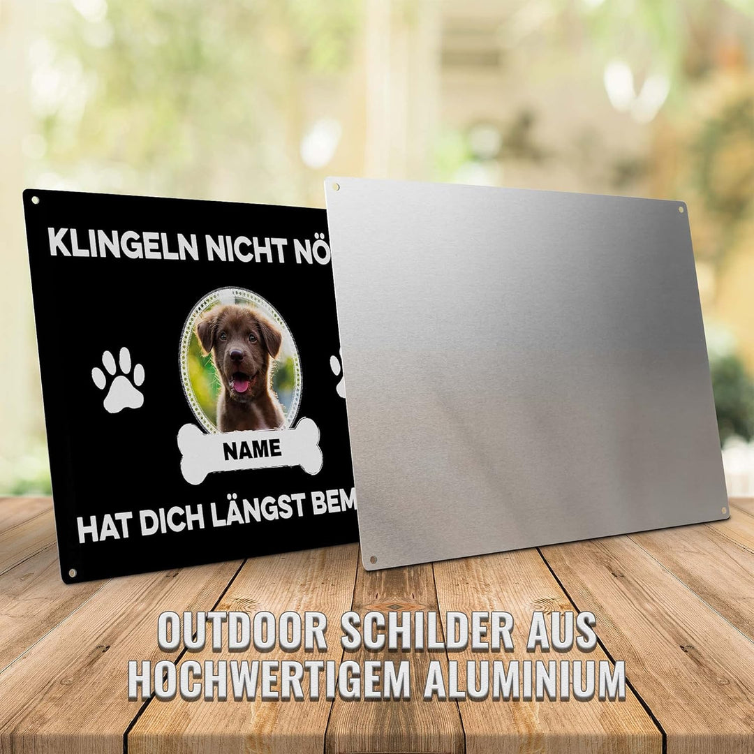 Hunde Schild personalisiert - Klingeln nicht nötig - Metallschild mit Foto und Name für aussen, wett