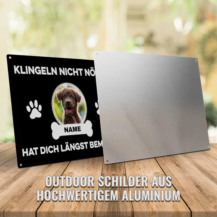Hunde Schild personalisiert - Klingeln nicht nötig - Metallschild mit Foto und Name für aussen, wett