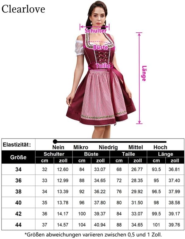 Clearlove Dirndl Damen midi 3tlg Trachtenkleid Damen Trachtenrock Trachtenmode Kleid Dirndlbluse für