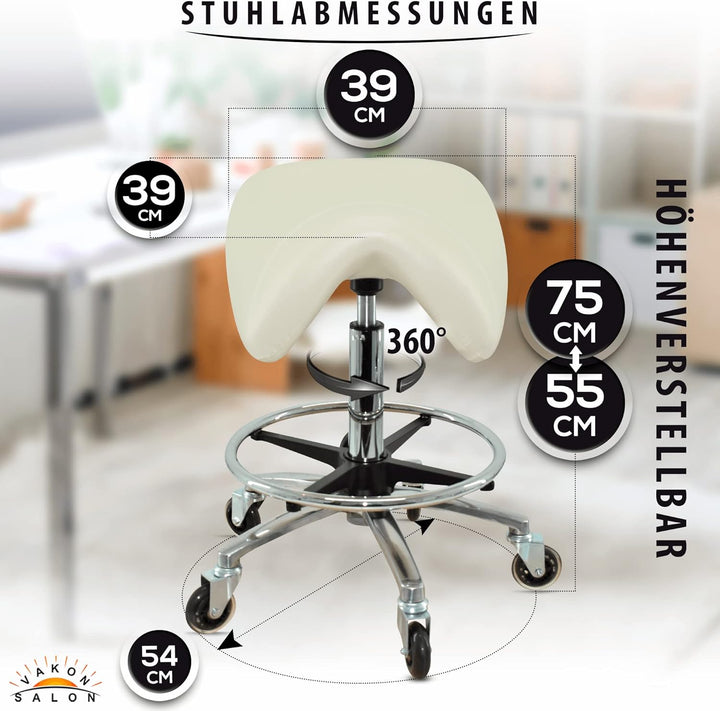 Premium Sattelhocker Weiss, Sattelstuhl für Rückenentlastung, Rollhocker höhenverstellbar von 55-75