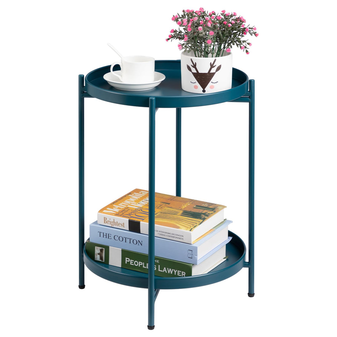 HollyHOME Runder Beistelltisch, 2 Ebenen Beistelltisch Metalltablett, Snacktisch, Couchtisch, Teetis