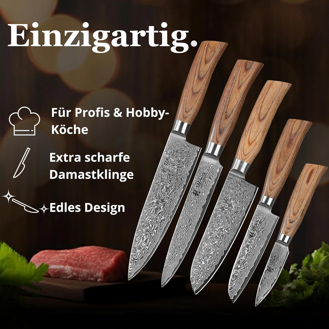 Wakoli EDIB Pro Premium 5er Damastmesser-Set mit 8-20 cm Klingen gefertigt aus 67 Lagen echtem Damas