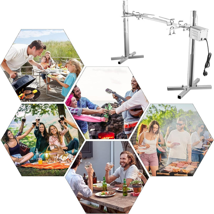 Elektrischer Drehspiess für Grill, 15W Motor mit 360° Rotation, höhenverstellbar 38-62 cm, Edelstahl