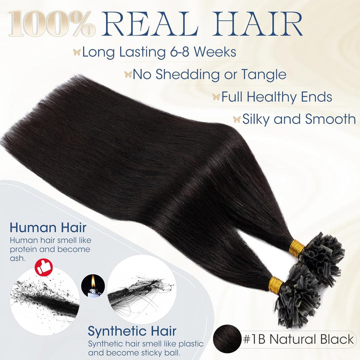 Elailite Bondings Extensions Echthaar #1B Naturschwarz, 50g 35cm U Tip Hair Extensions Keratin 100 S