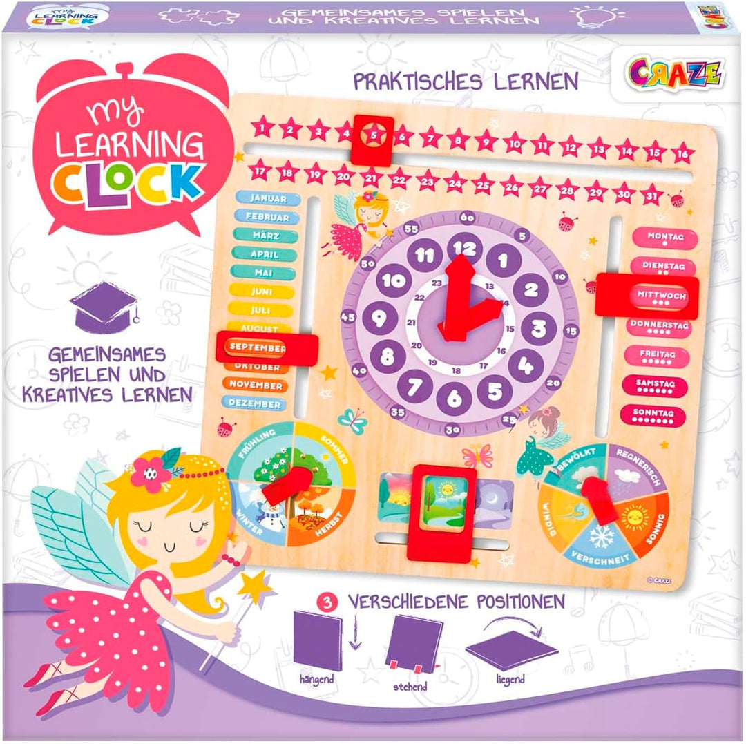 CRAZE My Learning Clock Princess - Lernuhr für Kinder aus Holz, Kalenderuhr zum Lernen für Kinder, L