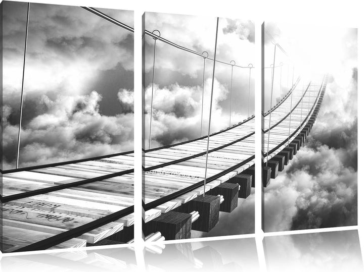 Pixxprint Hölzerne Brücke in den Wolken / 3-Teilig/Gesamtmass 120cm Leinwandbild bespannt auf Holzra