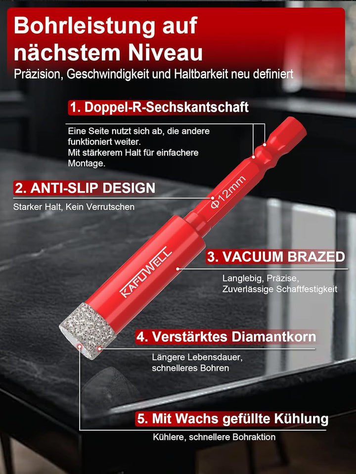 Fliesenbohrer Diamantbohrer Profi-Set 6tlg, 5-12mm Glasbohrer & 6mm Karbid-Anbohrer, 1/4" Sechskant