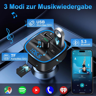 Bluetooth 5.3 FM Transmitter, KFZ Bluetooth Adapter Auto Radio, 2 USB Autoladegerät LED Display Auto