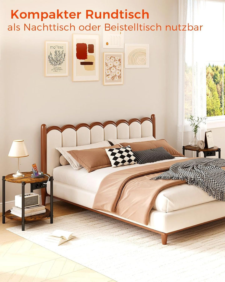 IRONCK Beistelltisch rund, Couchtisch mit Steckdose, Kleiner Tisch Holz, Wohnzimmertisch 2 Ablagen,S