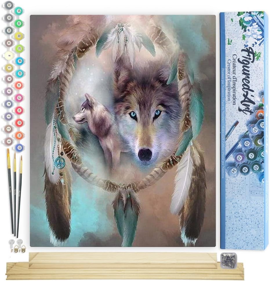 Figured'Art Malen Nach Zahlen Erwachsene Mit Rahmen Wölfe und Federn - Paint by Numbers Basteln DIY
