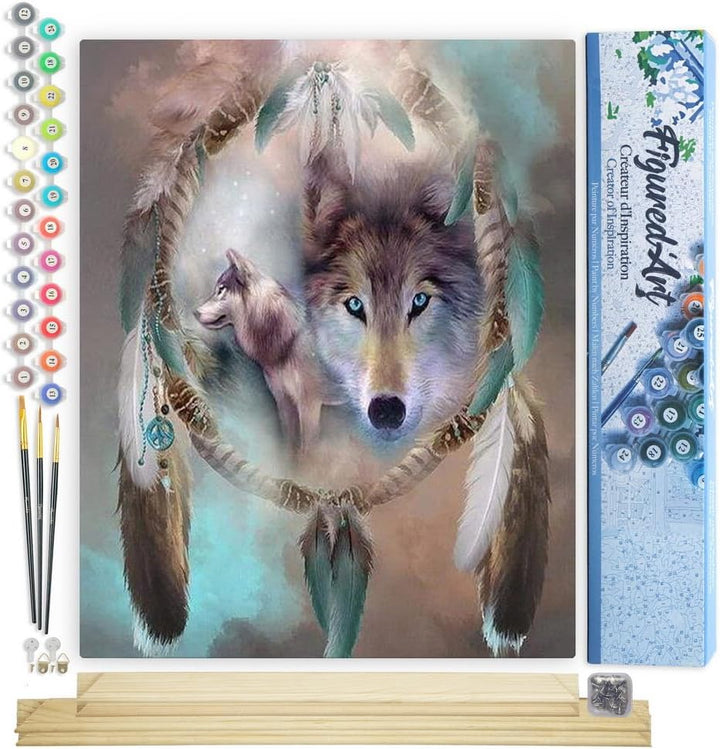 Figured'Art Malen Nach Zahlen Erwachsene Mit Rahmen Wölfe und Federn - Paint by Numbers Basteln DIY