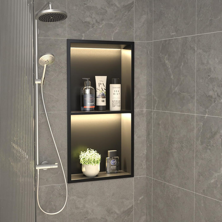 Wandnische Dusche Edelstahl mit LED, Unterputz Duschregal, Zweilagige Wandnische Bad Nische Duschnis