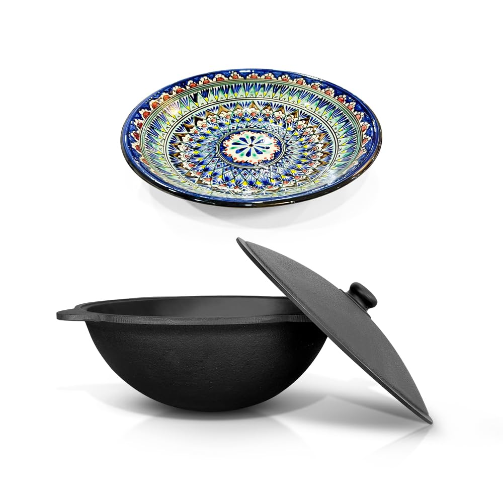 Zarenhoff Set - Kasan Usbekisch Gusseisen 12L runder Boden, Deckel, Lagan Ø 34 cm Plov плов ляган(Se