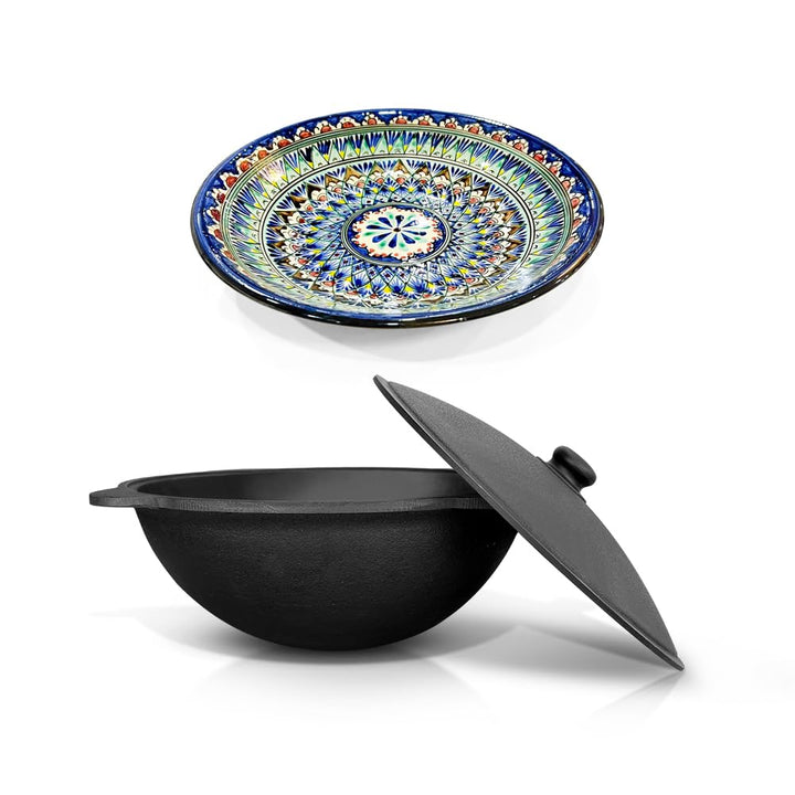 Zarenhoff Set - Kasan Usbekisch Gusseisen 12L runder Boden, Deckel, Lagan Ø 34 cm Plov плов ляган(Se