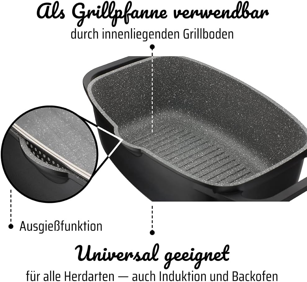 GSW Universalbräter Gourmet Granit – hochwertiger Bräter mit Deckel, ideal zum Schmoren, Grillen und