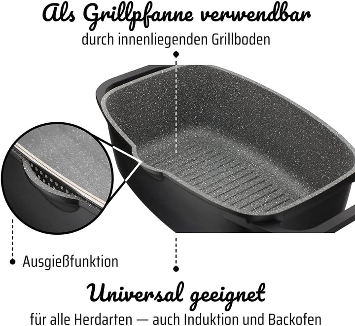 GSW Universalbräter Gourmet Granit – hochwertiger Bräter mit Deckel, ideal zum Schmoren, Grillen und