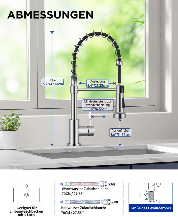 Exrenlly Küchenarmatur, Ausziehbare Commercial Spring Spültischarmatur, Einhebel Hochbogen Wasserhah