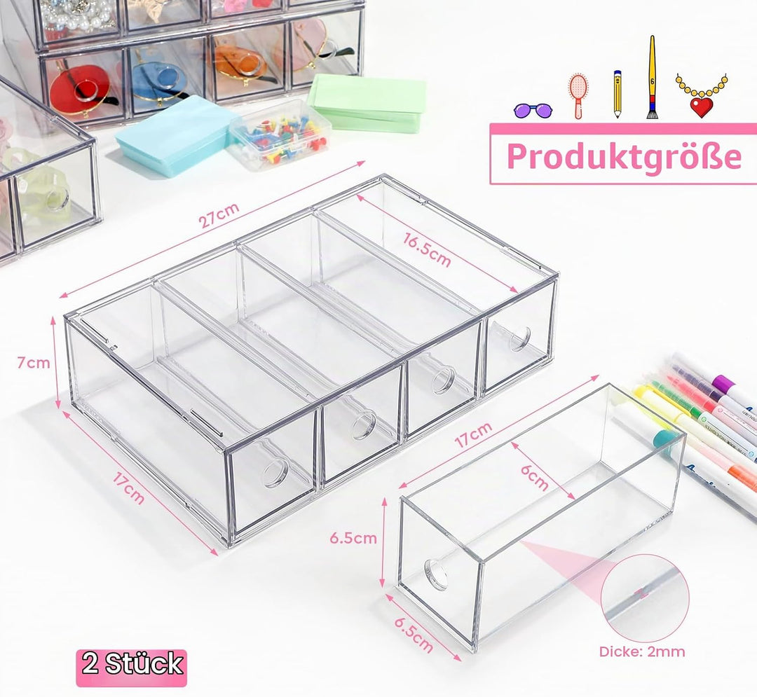 2 Stück Schubladenorganizer mit 8 Fächern Schubladenbox Stapelbar Schreibtisch-Organizer mit Herausn