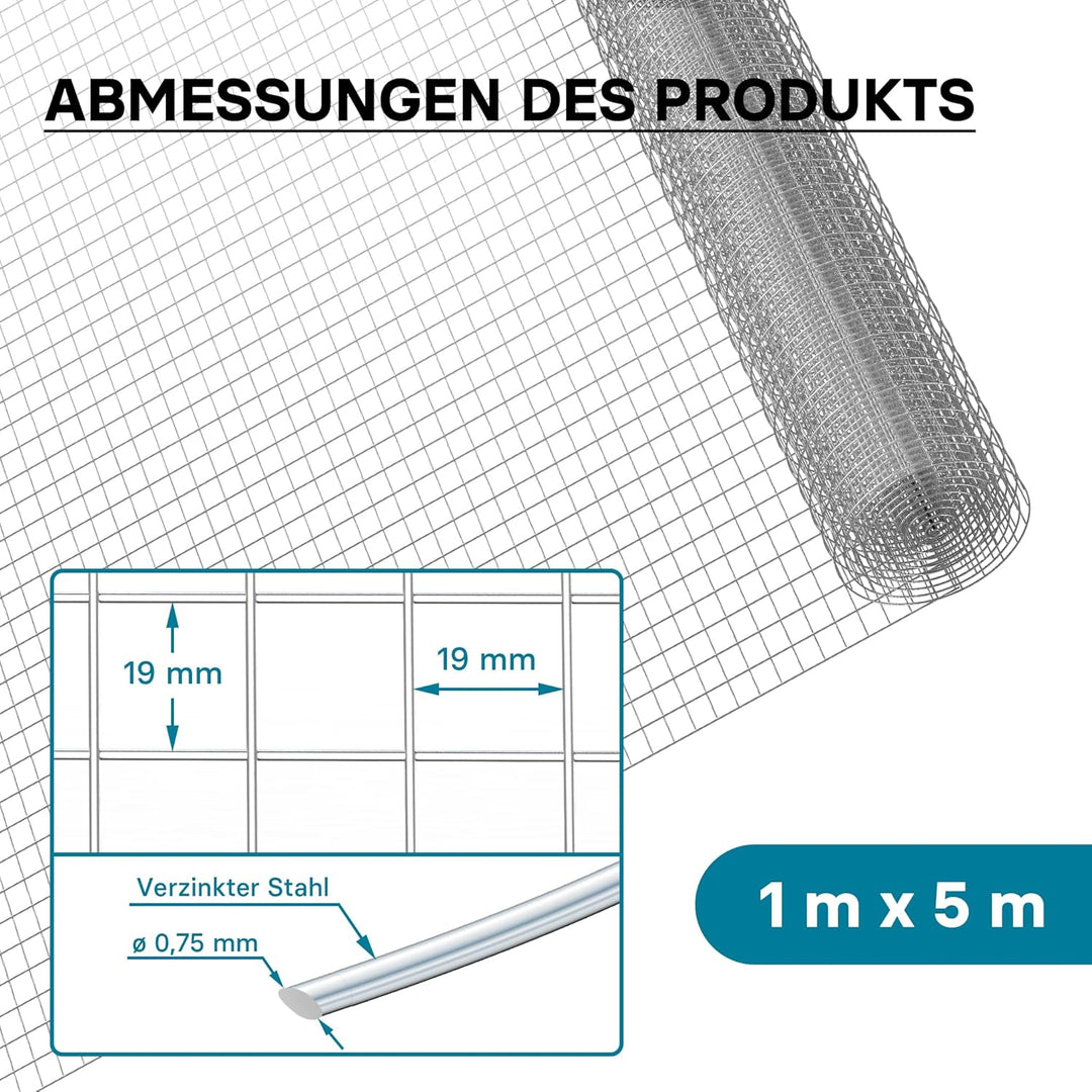 Volierendraht 4-Eck mit 19x19mm Maschengrösse, 5m Rolle mit 100cm Höhe, aus verzinktem Stahl