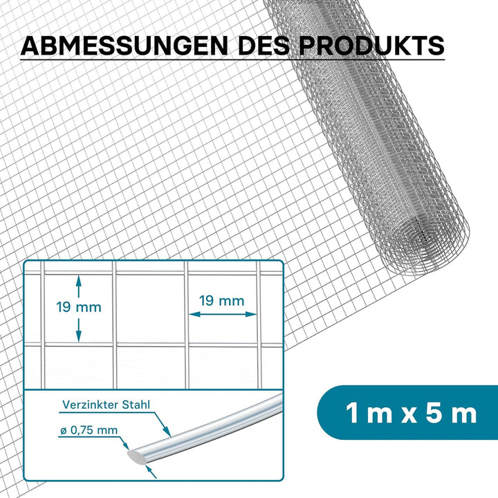 Volierendraht 4-Eck mit 19x19mm Maschengrösse, 5m Rolle mit 100cm Höhe, aus verzinktem Stahl