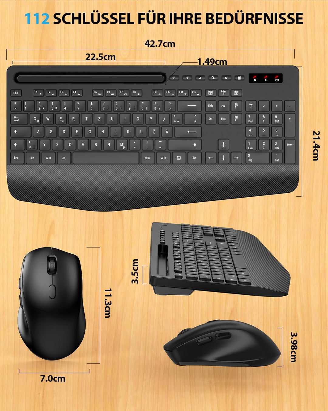 Tastatur Maus Set kabellos, Handballenauflage, Telefonhalter, Akku im Lieferumfang enthalten, 2.4G k