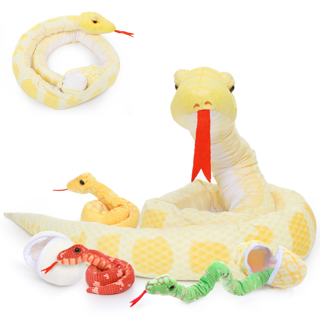 MorisMos Gross riesen Plüsch-Schlange Kuscheltier XXL,200cm lang Gelb Kuschelschlange mit 3 Baby im