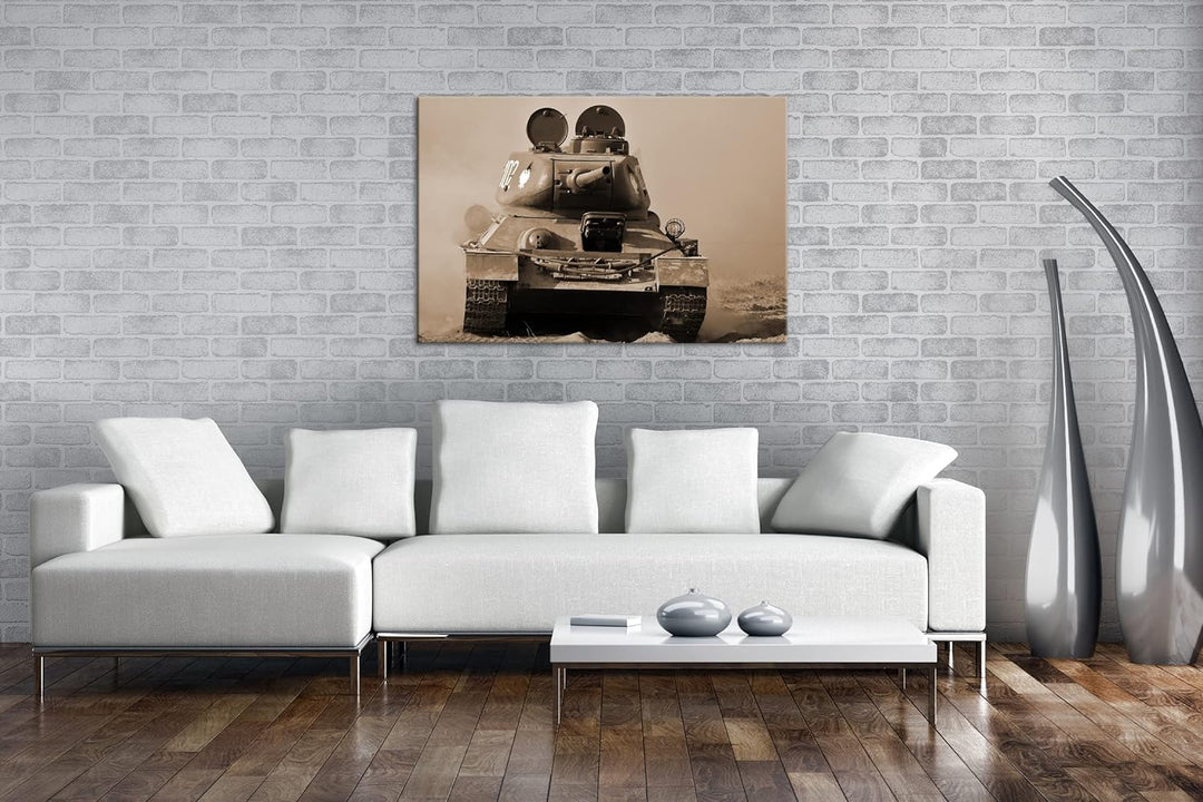 deyoli Panzer im Einsatz Effekt: Sepia Format: 80x60 als Leinwandbild, Motiv fertig gerahmt auf Echt