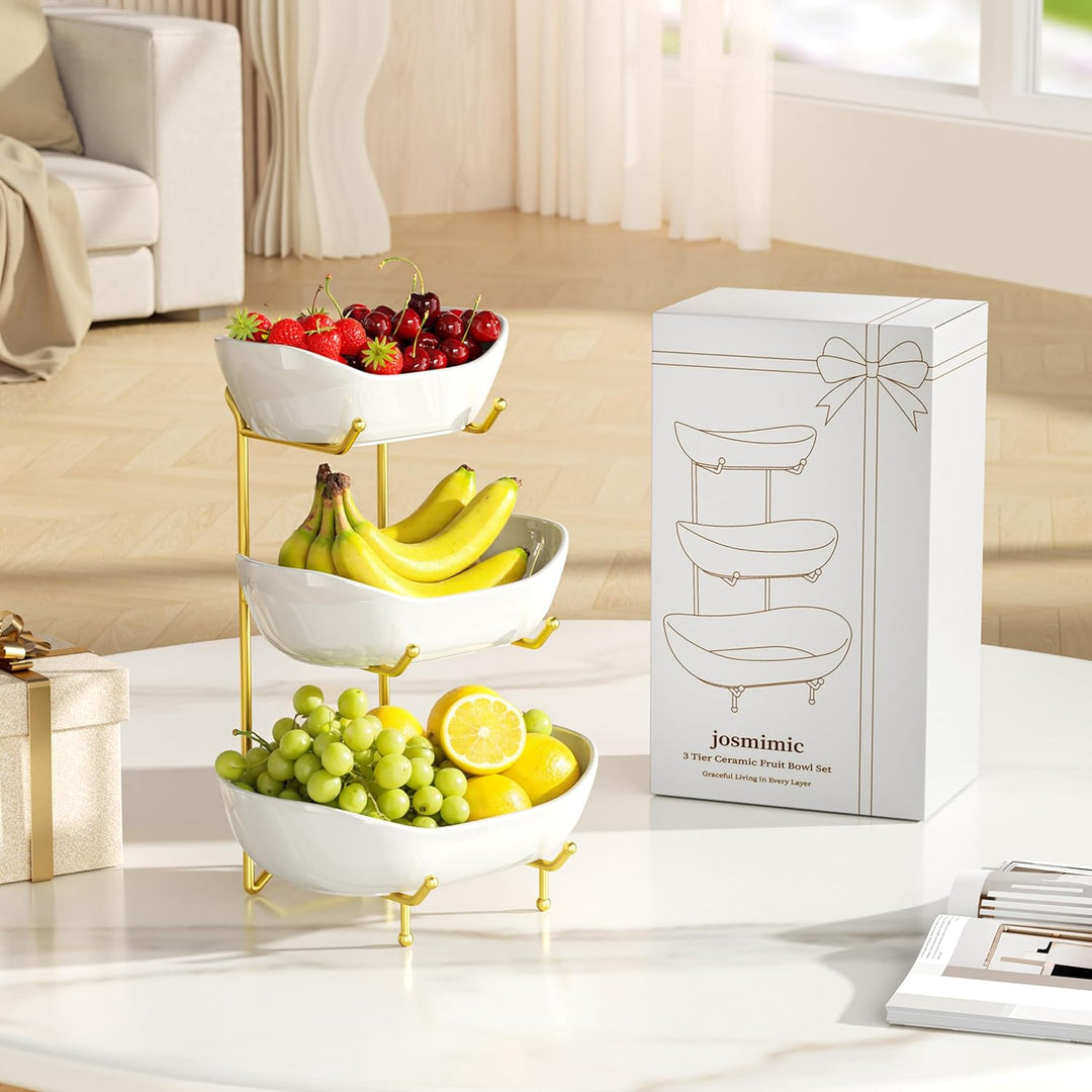 Josmimic Obst Etagere aus Keramik, 3-stufiger Obstkorb mit Metallständer in Gold, Mehrstöckige Obsts