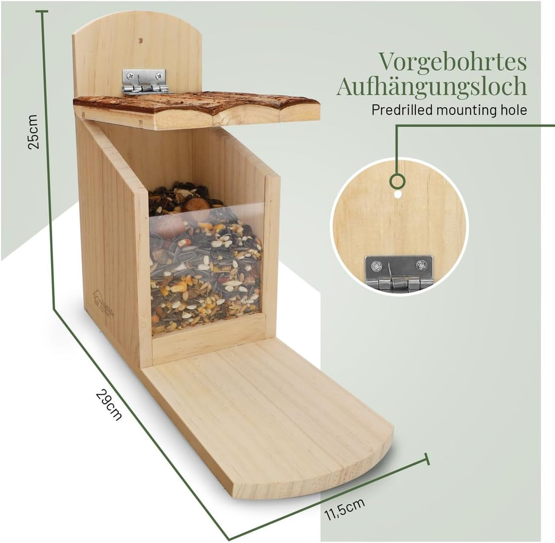 WILDLIFE HOME Eichhörnchen Futterhaus stabil aus Massivholz mit Rindendach - Wetterfest, Eichhörnche