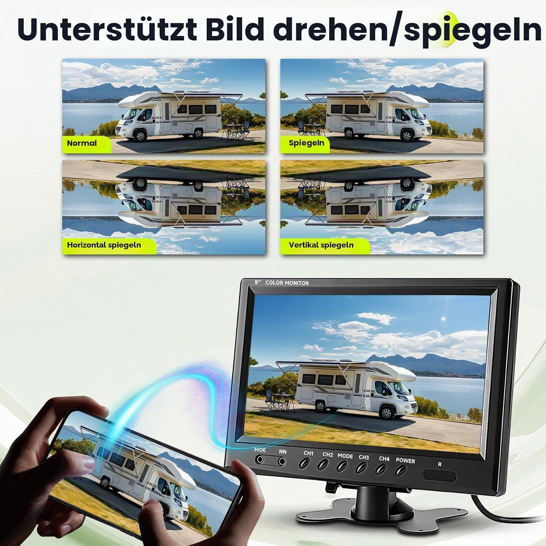 Podofo Vans RV Rückfahrkamera Set, 9 Zoll Monitor 4 Kameras, 4-Geteiltes Display 4-Kanal Video, IP68