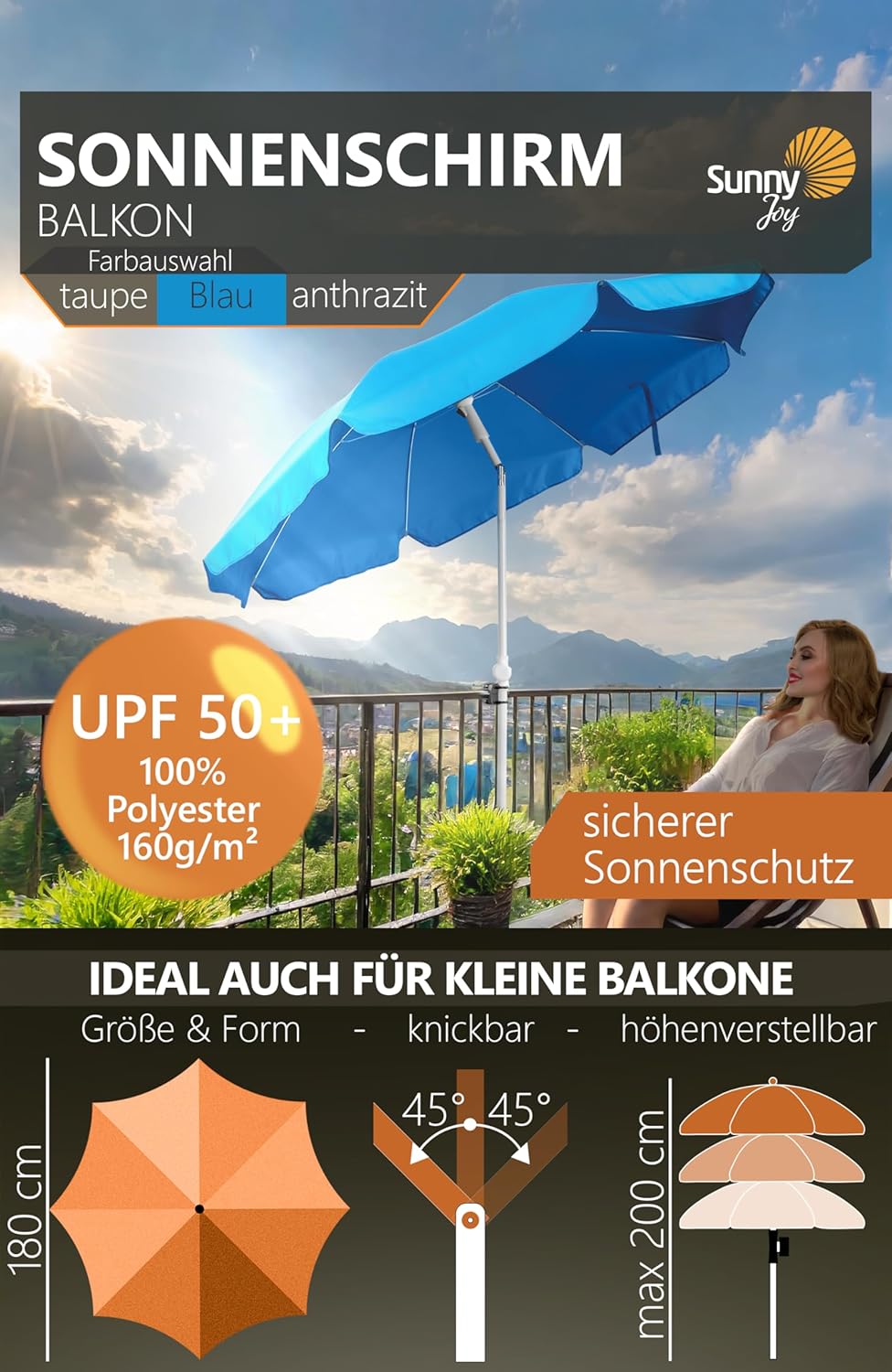 4smile Sonnenschirm Balkon SunnyJoy, 3-in-1 SET, Blau - UPF 50+ Sonnenschirm Ø 180 cm + Sonnenschirm