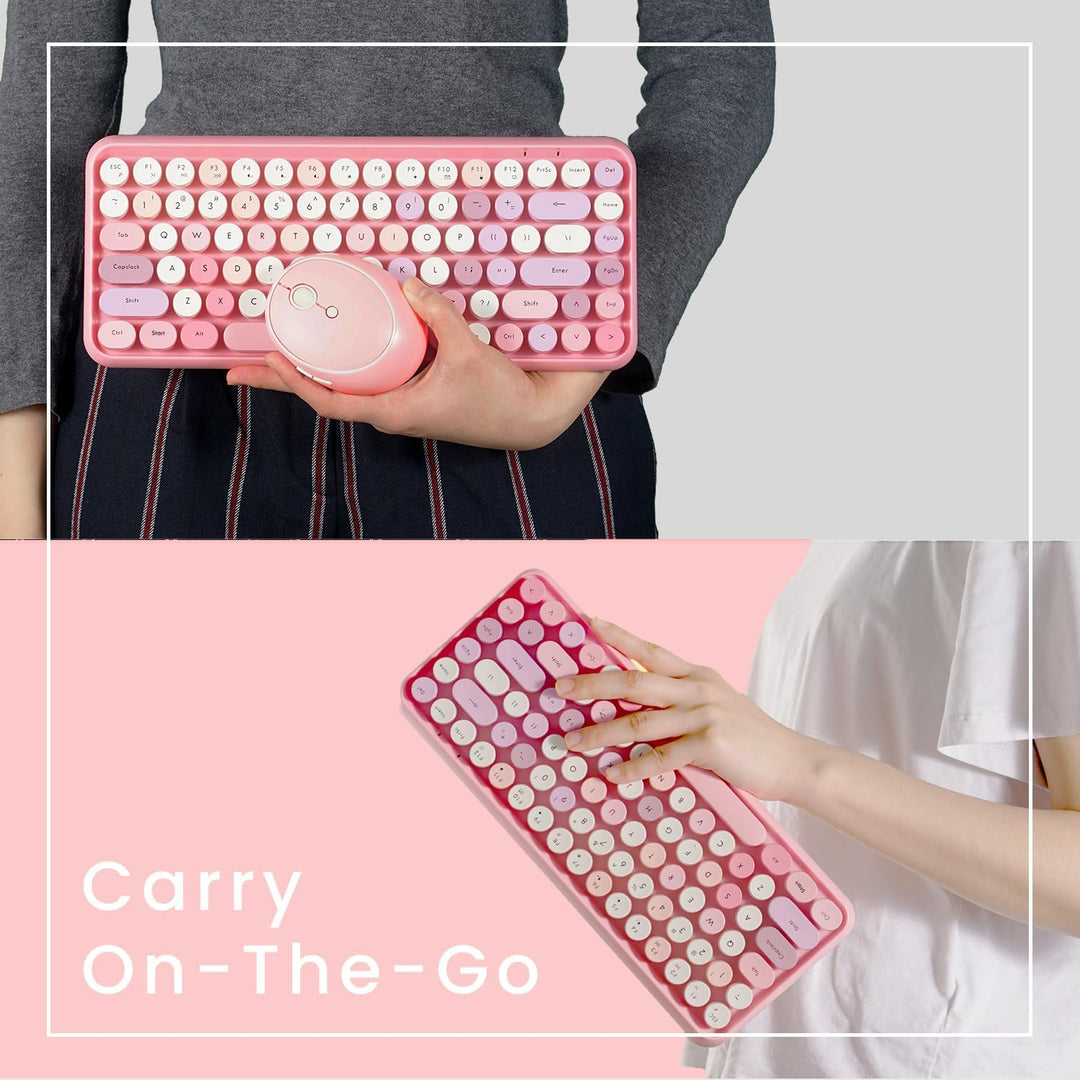 Perixx PERIDUO-713 Mini-Tastatur und Maus, kabellos, 2,4 GHz, Retro-Stil, rund, Pastellrosa, AZERTY