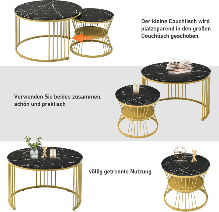 Merax Couchtisch Runder 2er Set, Moderne Nesting Kaffeetisch, Wohnzimmertisch, Sofatisch, Metallrahm