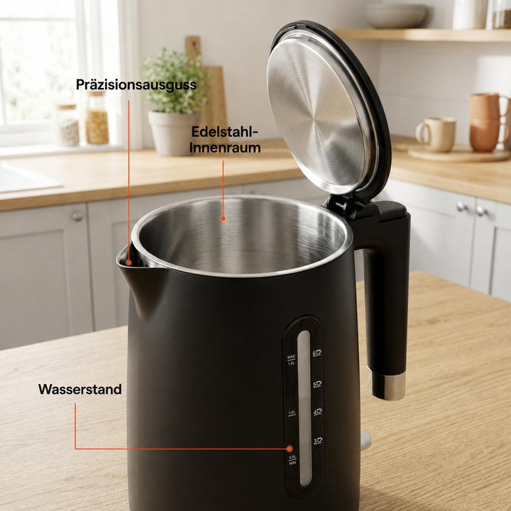 Wasserkocher 1,5L 2200W Double Wall Cool-Touch Edelstahl 304, BPA-frei, mit Wasserstandsanzeige, 360