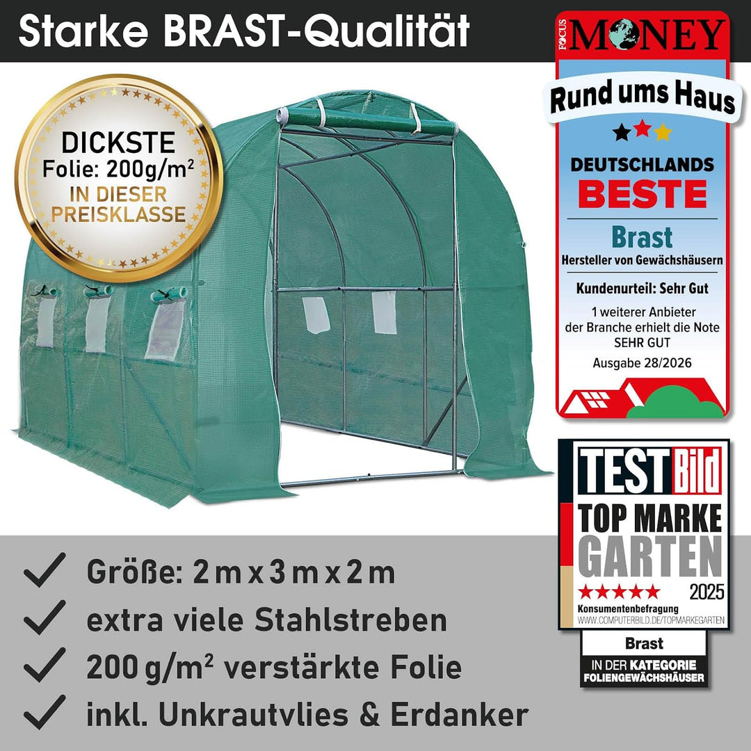 BRAST® Gewächshaus Foliengewächshaus mit Stahlfundament 4 Grössen 2x3m 3x4m 3x6m 3x8m Erdanker Gitte