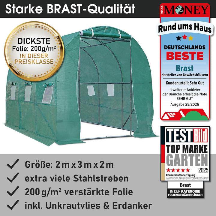 BRAST® Gewächshaus Foliengewächshaus mit Stahlfundament 4 Grössen 2x3m 3x4m 3x6m 3x8m Erdanker Gitte