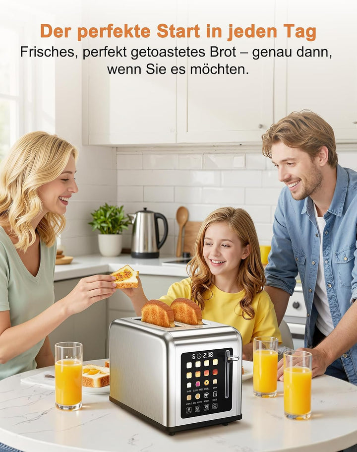 Toaster 2 Scheiben, Edelstahl Toaster mit Touchscreen, Countdown-Anzeige &amp; Memory-Funktion, 2 Toasts