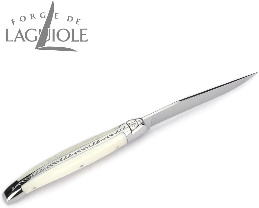 Forge de Laguiole - Steakbesteck - Griff Knochen - Besteck Frankreich - Steakmesser und Gabel - Stah