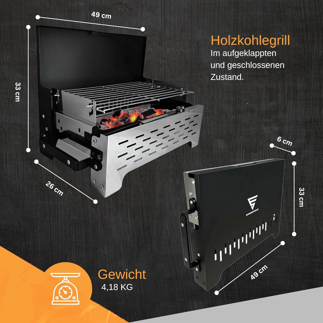 SCHNEIDERFREUDE Klappgrill 2.0: Höhenverstellbarer Camping-Grill mit Doppelfunktions-Zangen & Tasche