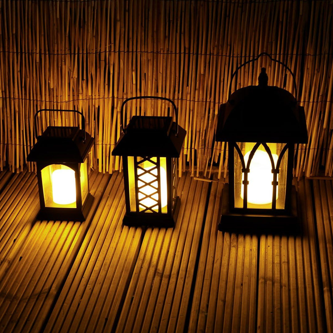 Festive Lights 3-er Set: Schwarze Solar Laternen mit LED Kerzen und täuschend echt wirkenden Flacker