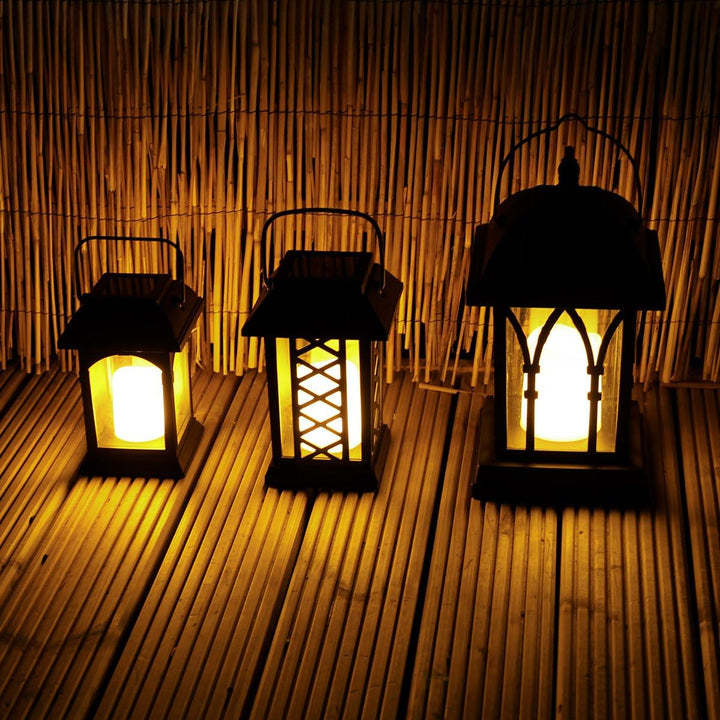 Festive Lights 3-er Set: Schwarze Solar Laternen mit LED Kerzen und täuschend echt wirkenden Flacker